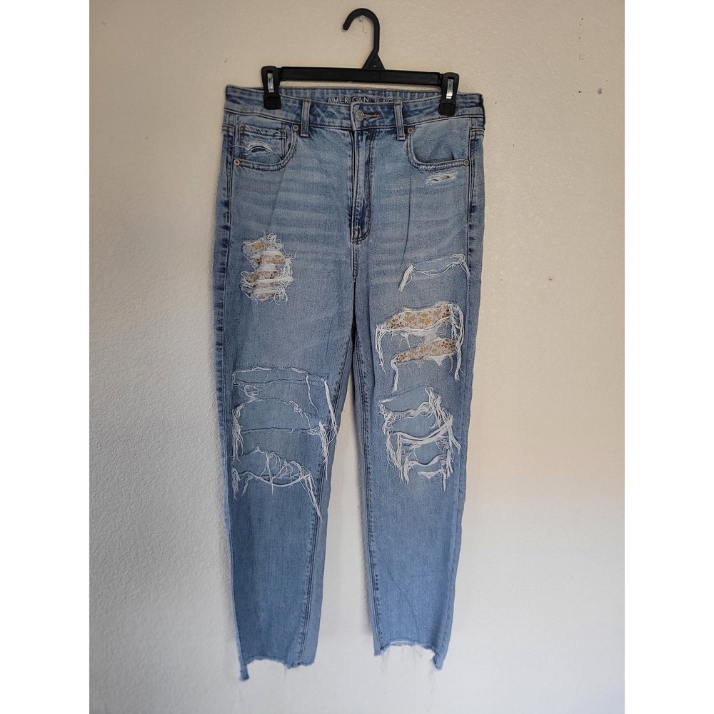 American Eagle Outfitters Mom Straight Jeans 10 Distressed Floral Patch‎ #20